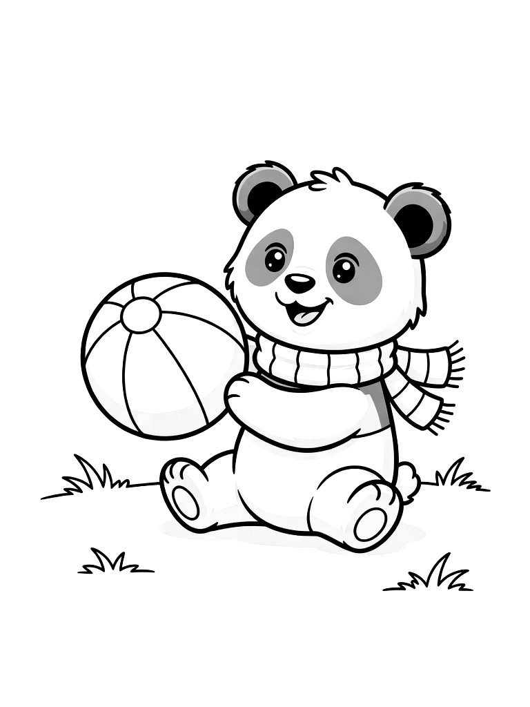 Panda Cub Playing With A Colorful Beach Ball In A Grassy Enclosure Coloring Page