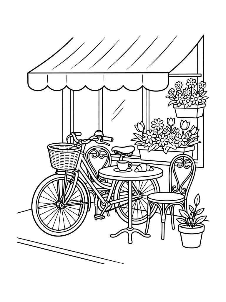 Paris Cafe Sidewalk With Flower Boxes And A Vintage Bicycle Coloring Page