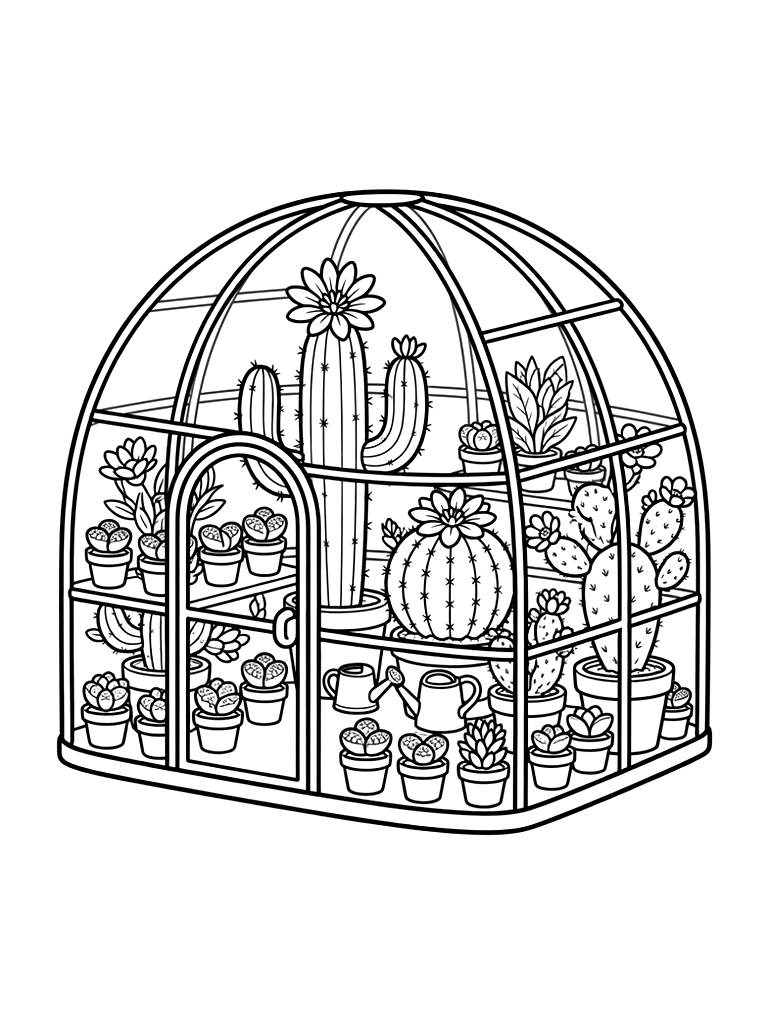 Pastel Desert Greenhouse Filled With Flowering Cacti And Tiny Potted Lithops Coloring Page — free printable for kids and adults