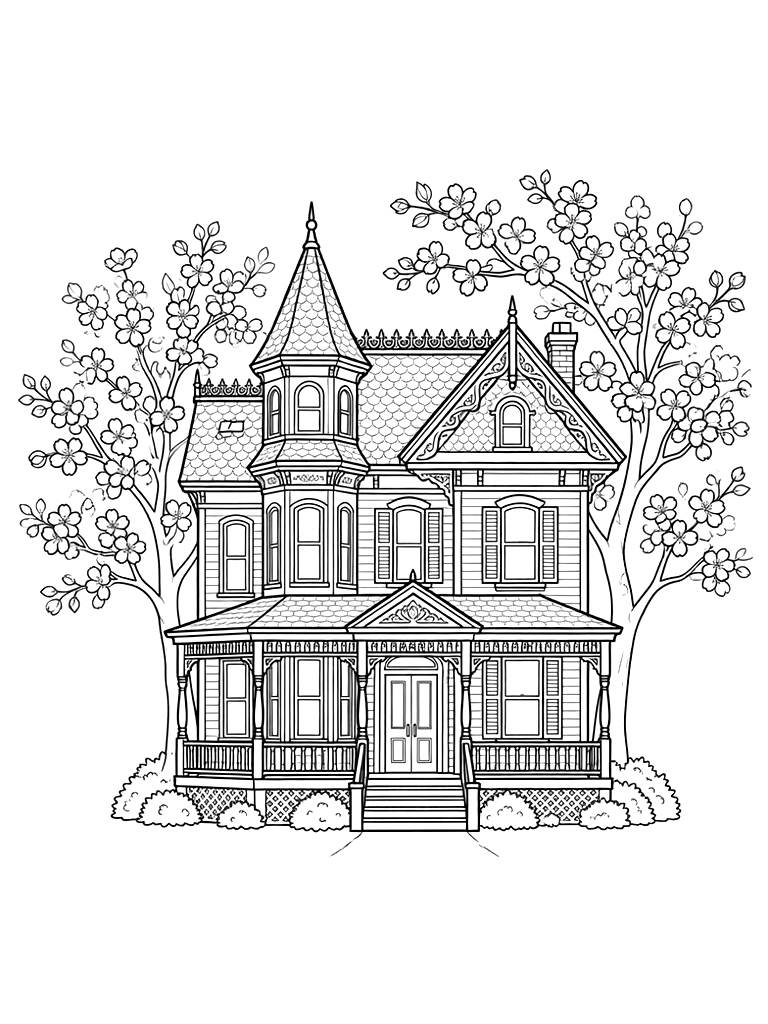 Pastel Painted Lady Victorian House With Cherry Blossom Trees Coloring Page — free printable for kids and adults
