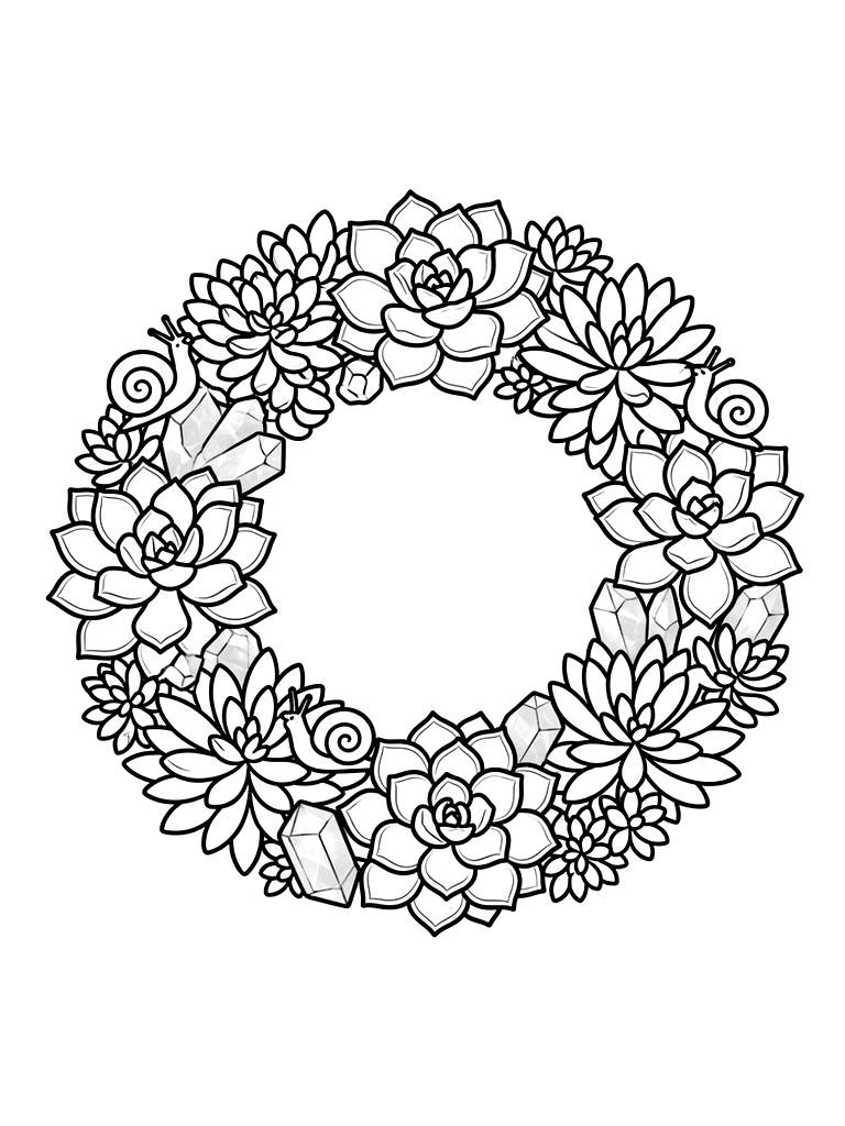Pastel Succulent Wreath With Tiny Hidden Snails And Rose Quartz Crystals Coloring Page — free printable for kids and adults