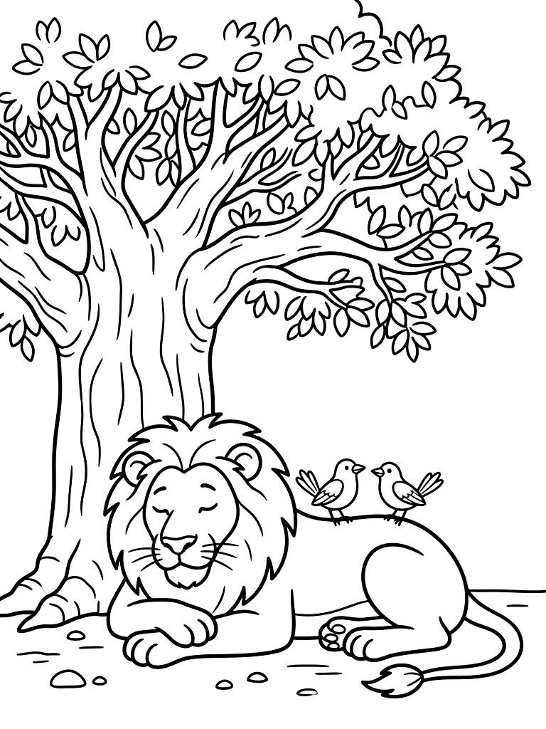Peaceful Adult Lion Resting In The Cool Shade Of A Giant Baobab Tree With Two Colorful Starlings Perched On His Back coloring page — free printable for kids and adults