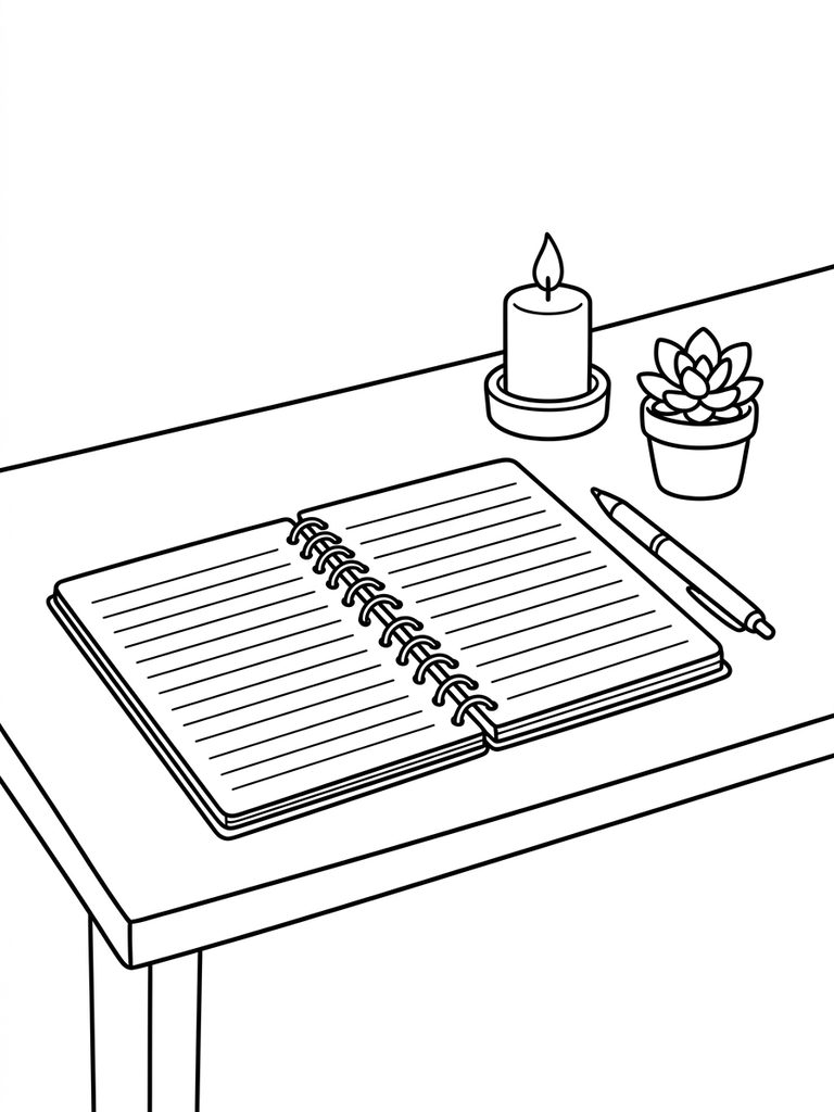 Peaceful Desk Setup With Notebook And Candle Coloring Page