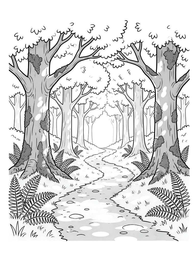Peaceful Forest Path Winding Through Towering Moss-covered Oak Trees With Ferns Lining The Way Under Dappled Sunbeam Light Coloring Page