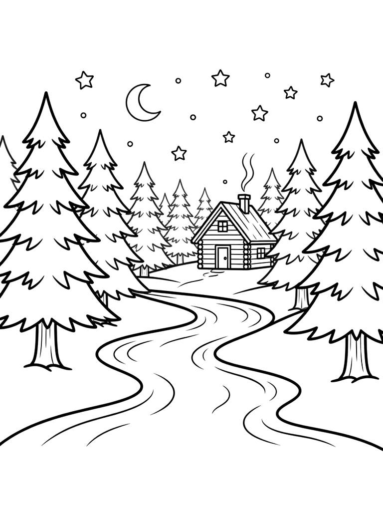 Peaceful Forest River Winding Through Tall Pine Trees With A Cozy Wooden Cabin In The Distance Under A Starry Night Sky Coloring Page