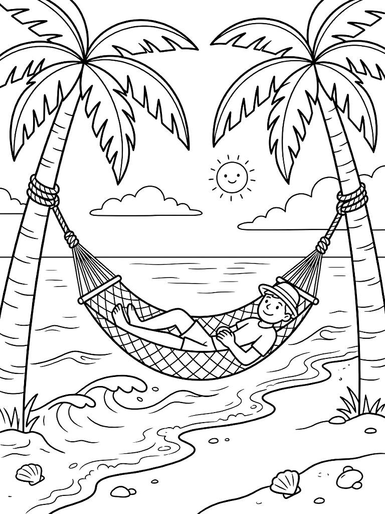 Peaceful Hammock Gently Swaying Between Two Tall Palm Trees On A Quiet Tropical Beach With Soft Lapping Ocean Waves coloring page — free printable for kids and adults