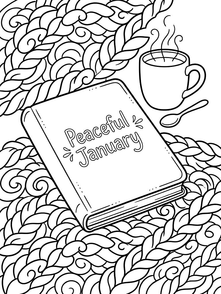 Peaceful January Lettering Engraved On The Cover Of A Leather Journal Resting On A Chunky Knit Blanket Beside A Steaming Mug coloring page — free printable for kids and adults