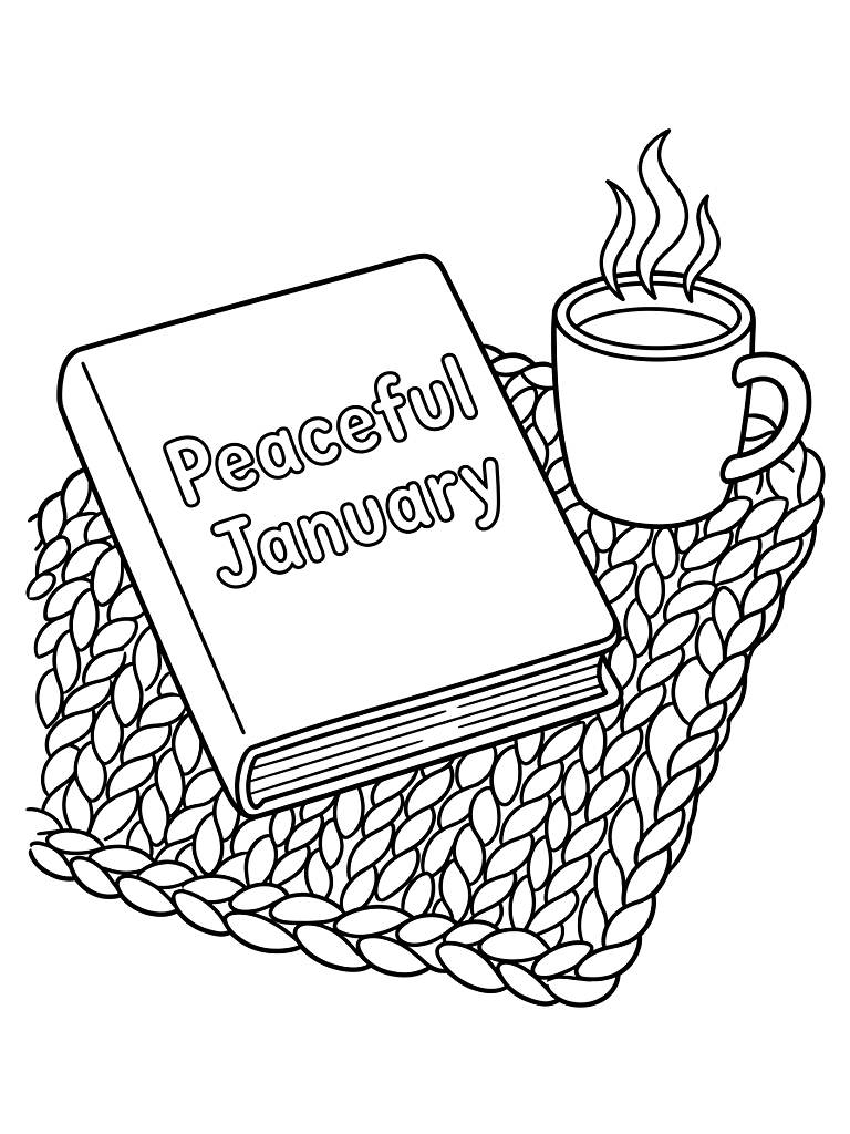 Peaceful January Lettering Engraved On The Cover Of A Leather Journal Resting On A Chunky Knit Blanket Beside A Steaming Mug coloring page — free printable for kids and adults