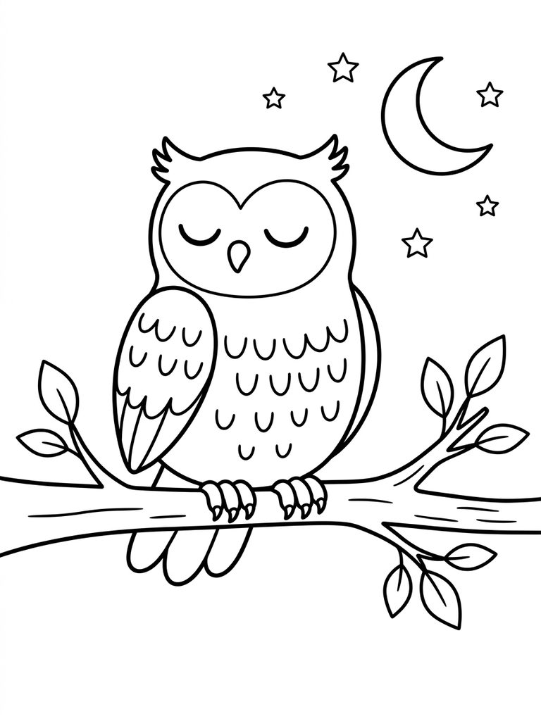 Peaceful Owl On Moonlit Branch Coloring Page