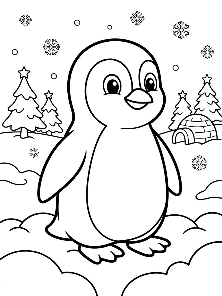 Penguin In Snowy Scene Coloring Page