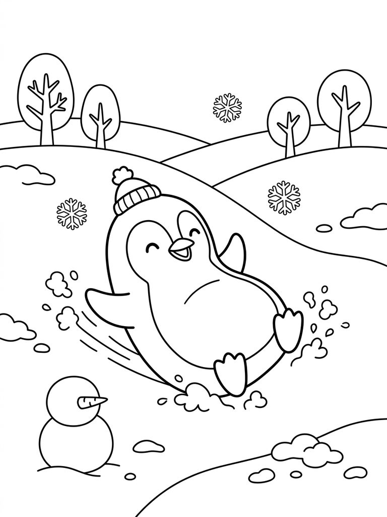 Penguin Playing In Snow Coloring Page