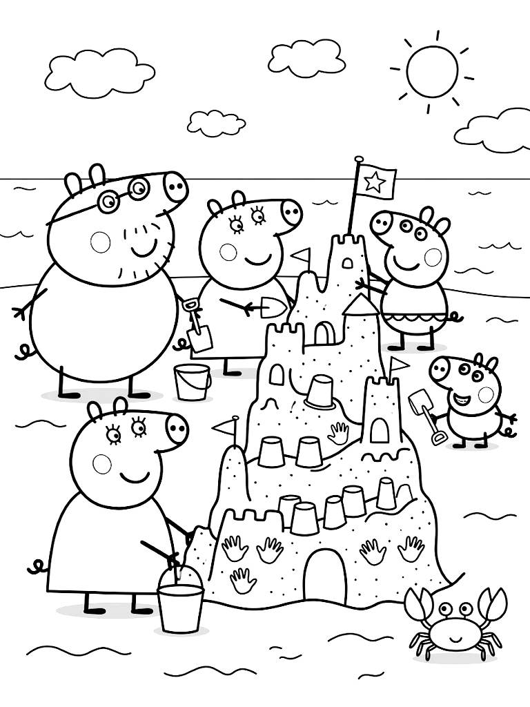 Peppa Pig And Her Family Building A Massive Wobbly Sandcastle On A Sunny Beach While A Friendly Little Crab Watches Nearby coloring page — free printable for kids and adults
