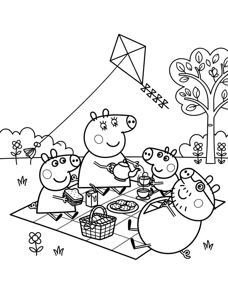Peppa Pig And Her Family Having A Picnic In A Sunny Park With A Kite Coloring Page