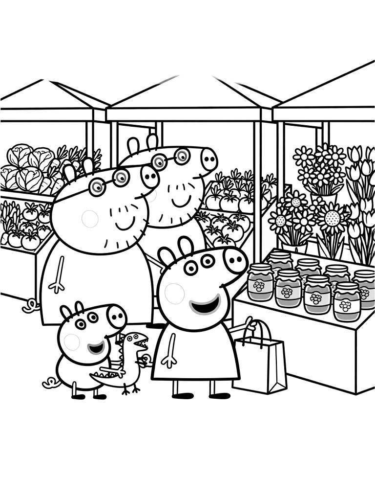 Peppa Pig And Her Family Visiting A Busy Farmers Market With Stalls Filled With Fresh Organic Vegetables Coloring Page