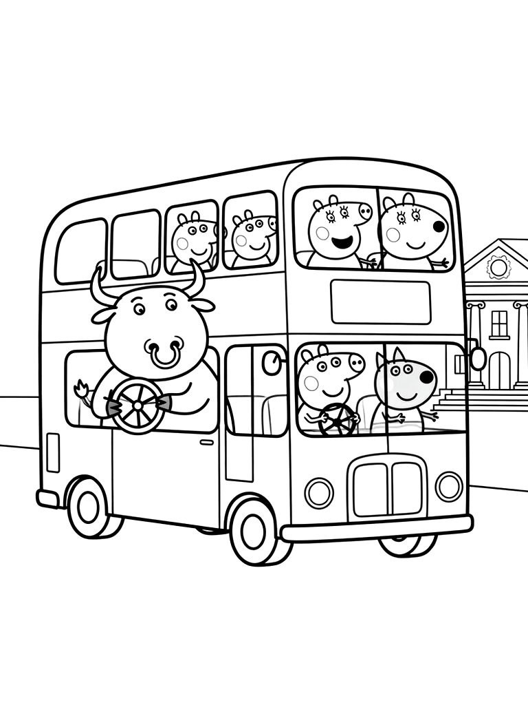 Peppa Pig And Her Friends Riding A Big Red Bus To A Museum With Mr. Bull Driving Coloring Page