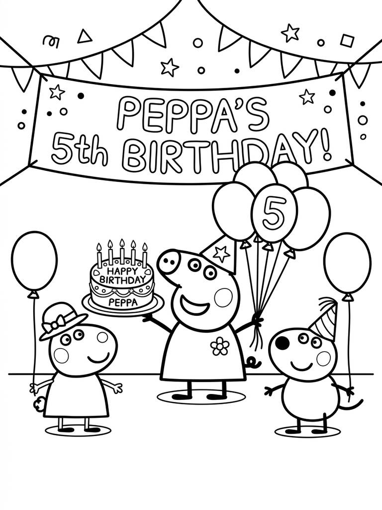 Peppa Pig Birthday Party / Holding Balloons Or Cake Coloring Page