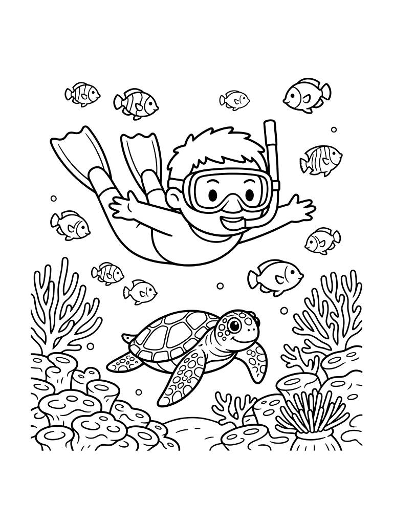Person Snorkeling Over A Vibrant Coral Reef With A Sea Turtle And Schools Of Tropical Fish Coloring Page