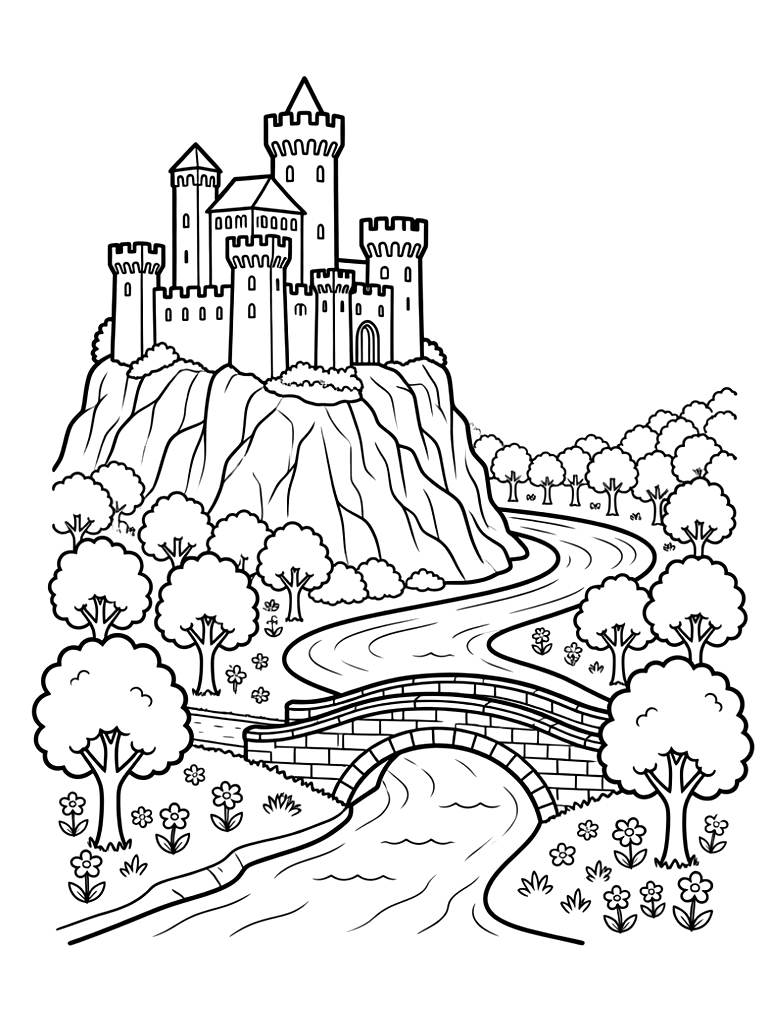 Picturesque Medieval Cliffside Castle Overlooking A Winding Blue River With A Stone Arched Bridge And Blooming Spring Forests Below Coloring Page