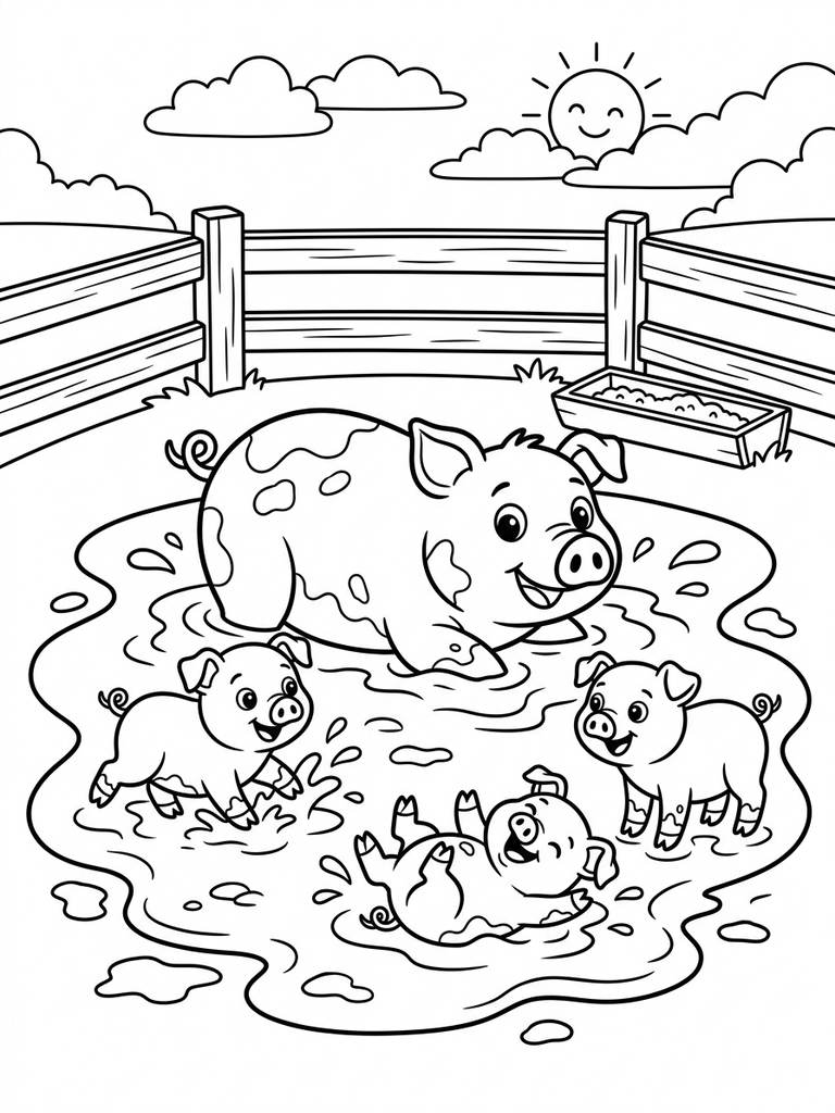 Pig / Piglets In Mud Or Pen Coloring Page