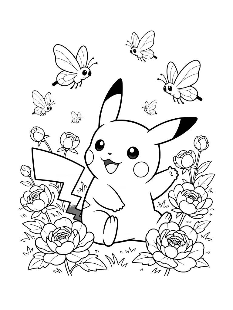 Pikachu Sitting In A Field Of Blooming Pink Peonies With A Group Of Butterfree Flying Overhead Coloring Page