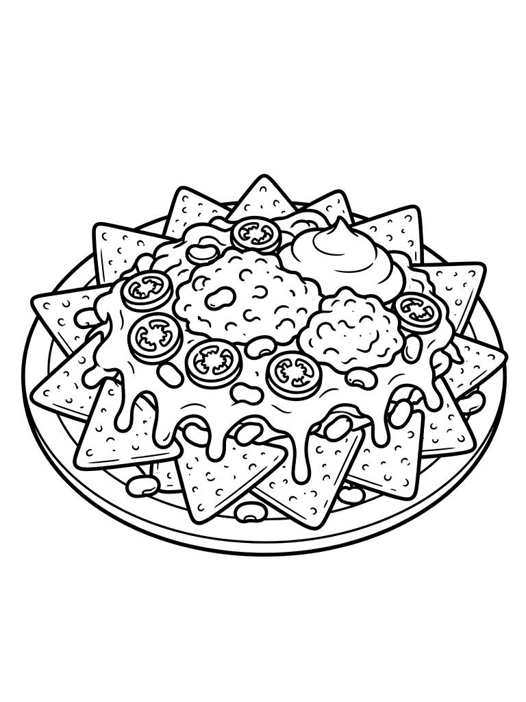 Platter Of Loaded Nacho Chips Piled High With Melted Cheese Sauce coloring page — free printable for kids and adults