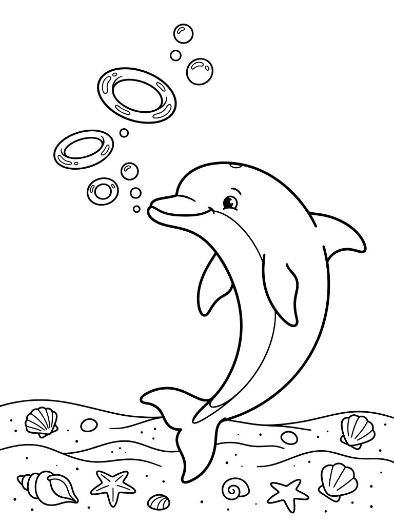 Playful Bottlenose Dolphin Blowing Intricate Perfect Bubble Rings Underwater Above A Sandy Ocean Floor Scattered With Sea Shells coloring page — free printable for kids and adults