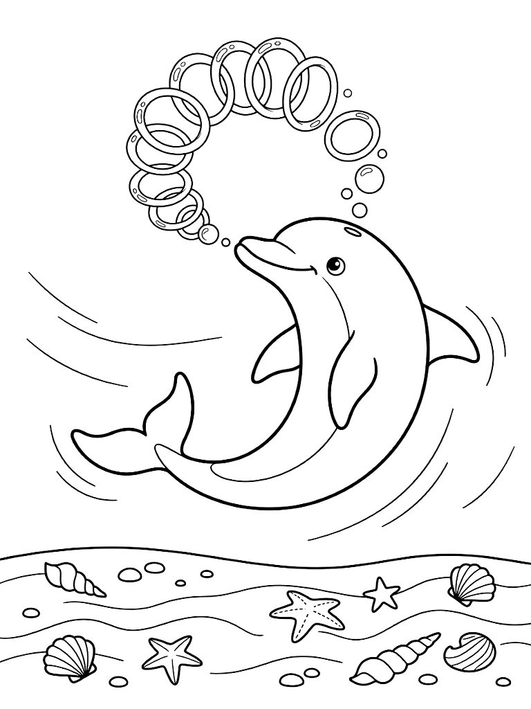 Playful Bottlenose Dolphin Blowing Intricate Perfect Bubble Rings Underwater Above A Sandy Ocean Floor Scattered With Sea Shells coloring page — free printable for kids and adults