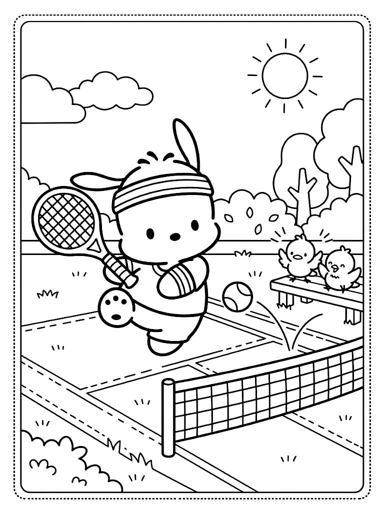 Pochacco Wearing A Sporty Sweatband Playing Tennis On A Sunny Grass Court With His Little Bird Friends Cheering coloring page — free printable for kids and adults