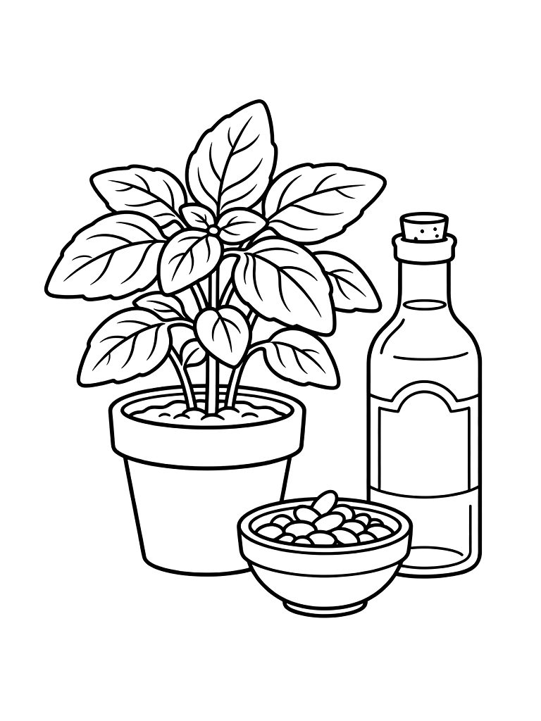Potted Italian Basil Plant With Large Glossy Leaves Next To A Bowl Of Pine Nuts And A Bottle Of Olive Oil Coloring Page