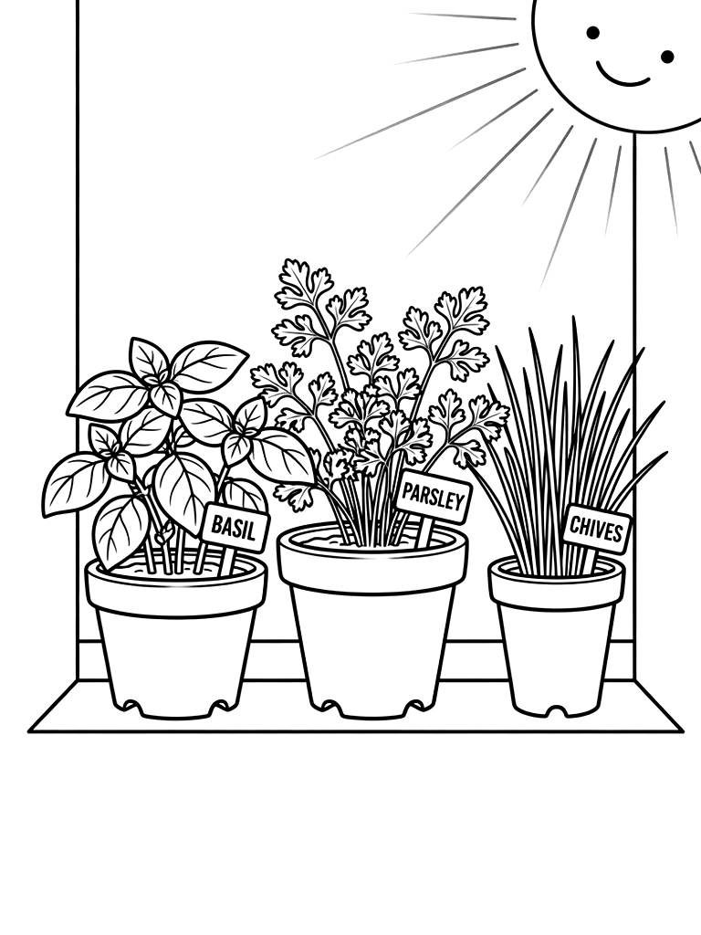 Potted Kitchen Herb Garden With Basil Coloring Page