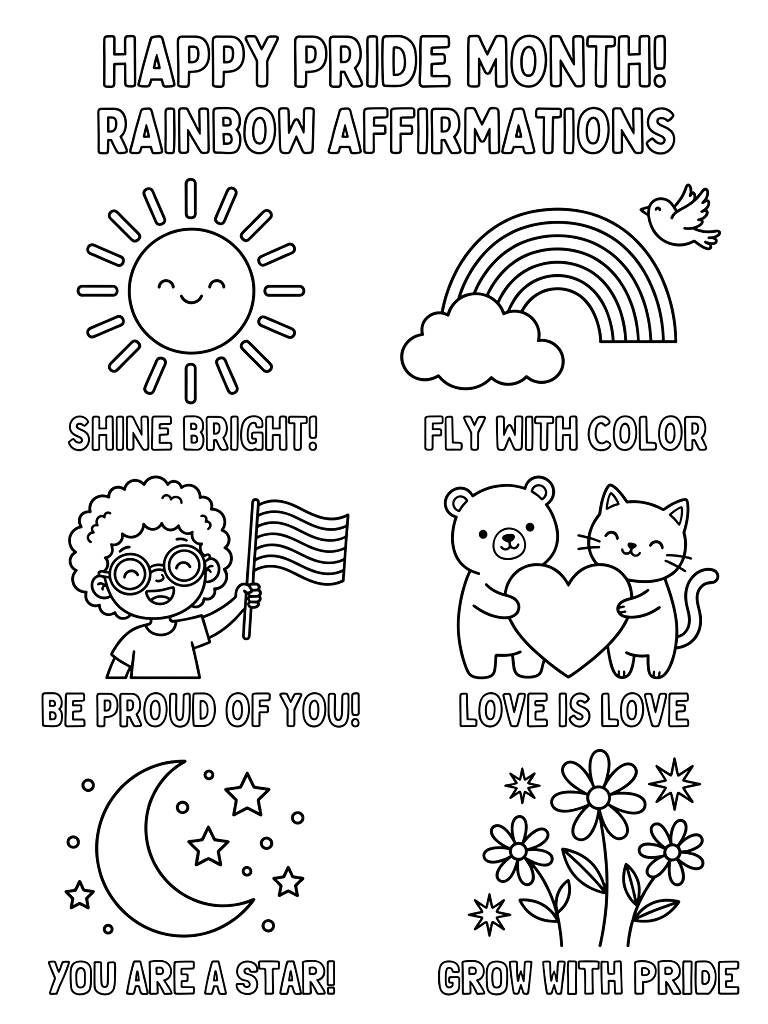 Pride Month Rainbow Affirmations coloring page — free printable for kids and adults