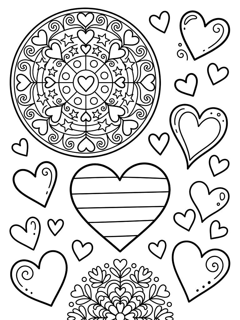 Pride Month Rainbow Mandalas & Hearts coloring page — free printable for kids and adults
