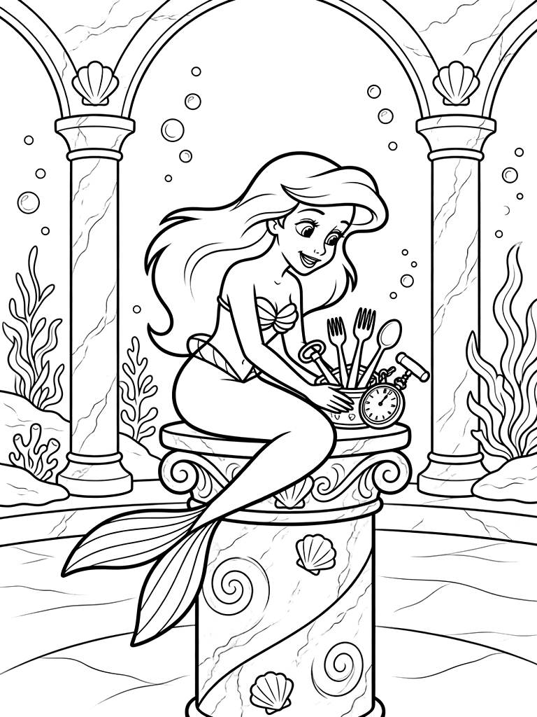 Princess Ariel Sitting On A Submerged Marble Pillar In King Triton's Palace Admiring Her Secret Collection Of Human Gadgets And Shiny Silverware Coloring Page