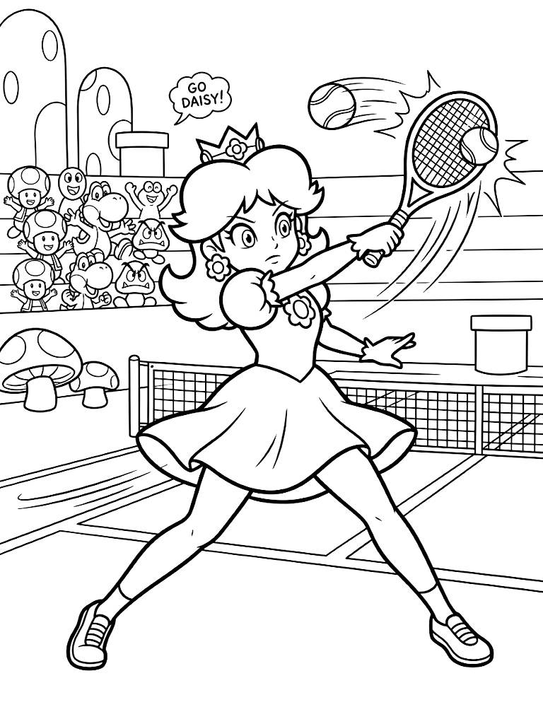 Princess Daisy Swinging A Tennis Racket With Extreme Power On A Mushroom Kingdom Tennis Court With A Cheering Crowd Coloring Page