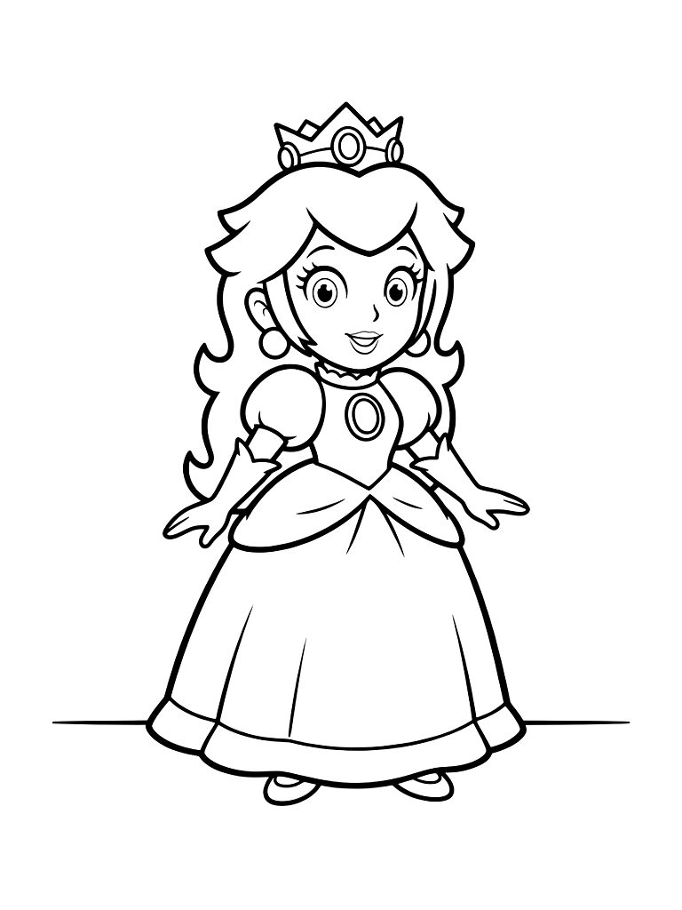 Princess Peach In Dress With Crown Coloring Page