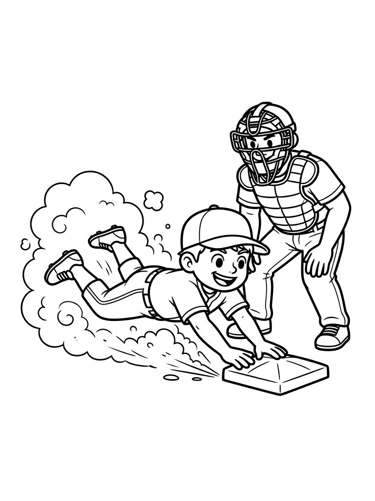 Professional Baseball Player Sliding Into Second Base With A Cloud Of Dust And The Umpire Watching Closely Coloring Page