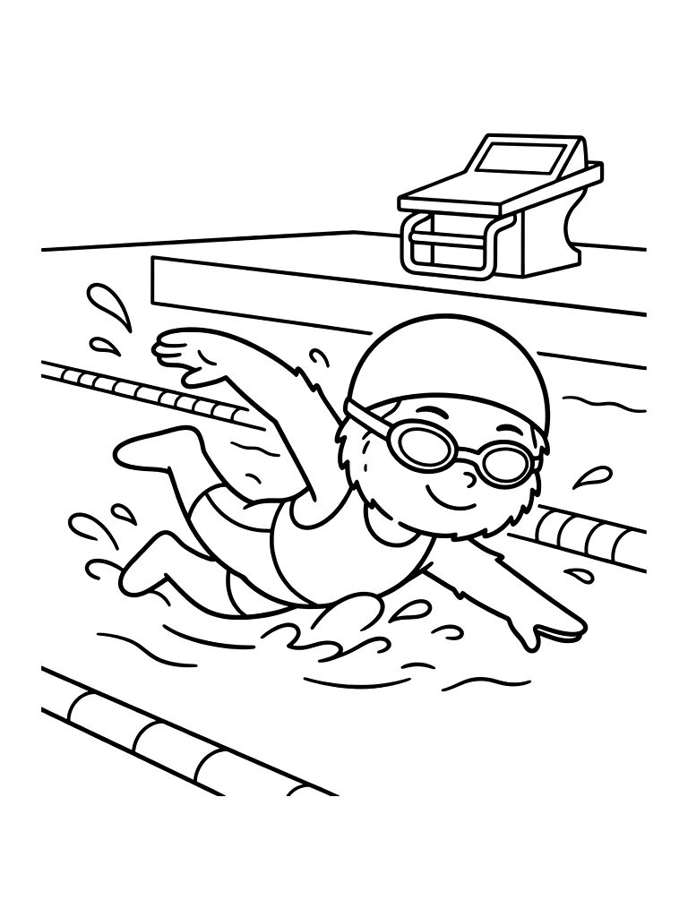 Professional Swimmer Mid-stroke In A Lane With Splashes Of Water And A Starting Block In The Background Coloring Page