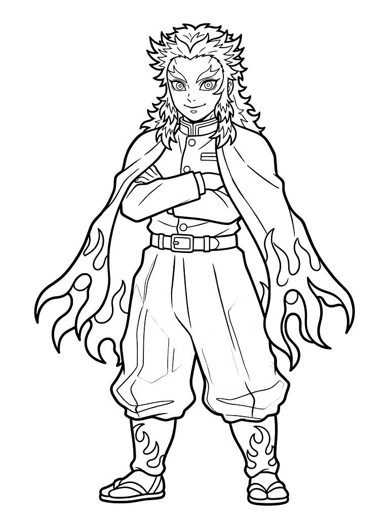 Proud Flame Hashira Kyojuro Rengoku Standing Tall With Crossed Arms And A Bright Smile As His Fiery Cape Billows Coloring Page