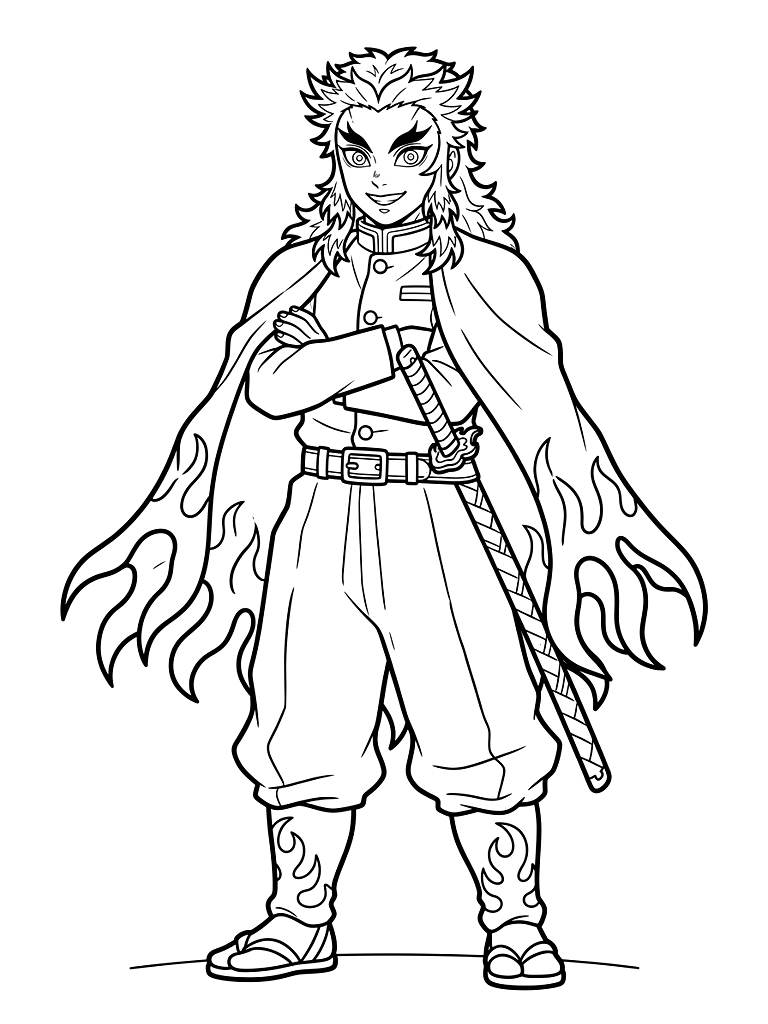 Proud Flame Hashira Kyojuro Rengoku Standing Tall With Crossed Arms And A Bright Smile As His Fiery Cape Billows Coloring Page