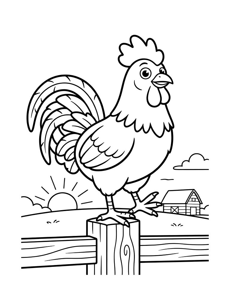 Proud Rooster Standing On A Wooden Fence Post At Sunrise In A Farmyard Coloring Page
