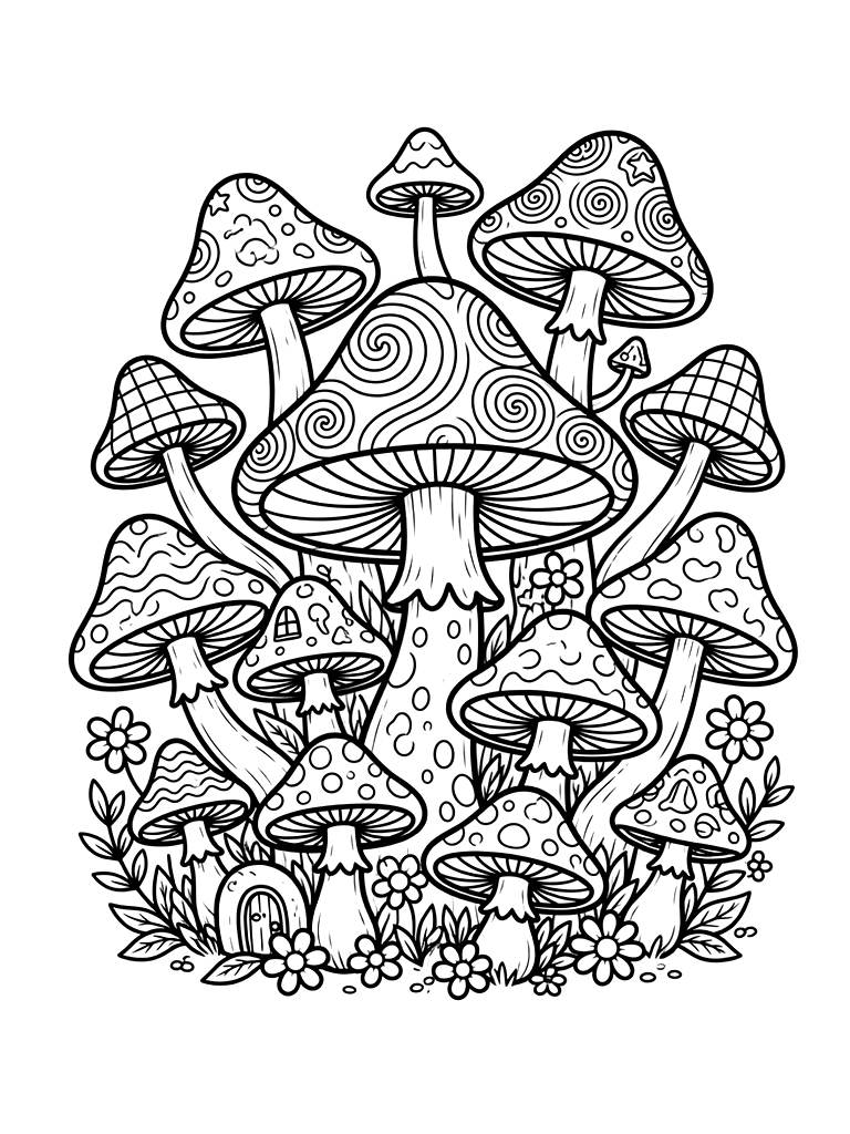 Psychedelic Mushroom Forest Coloring Page