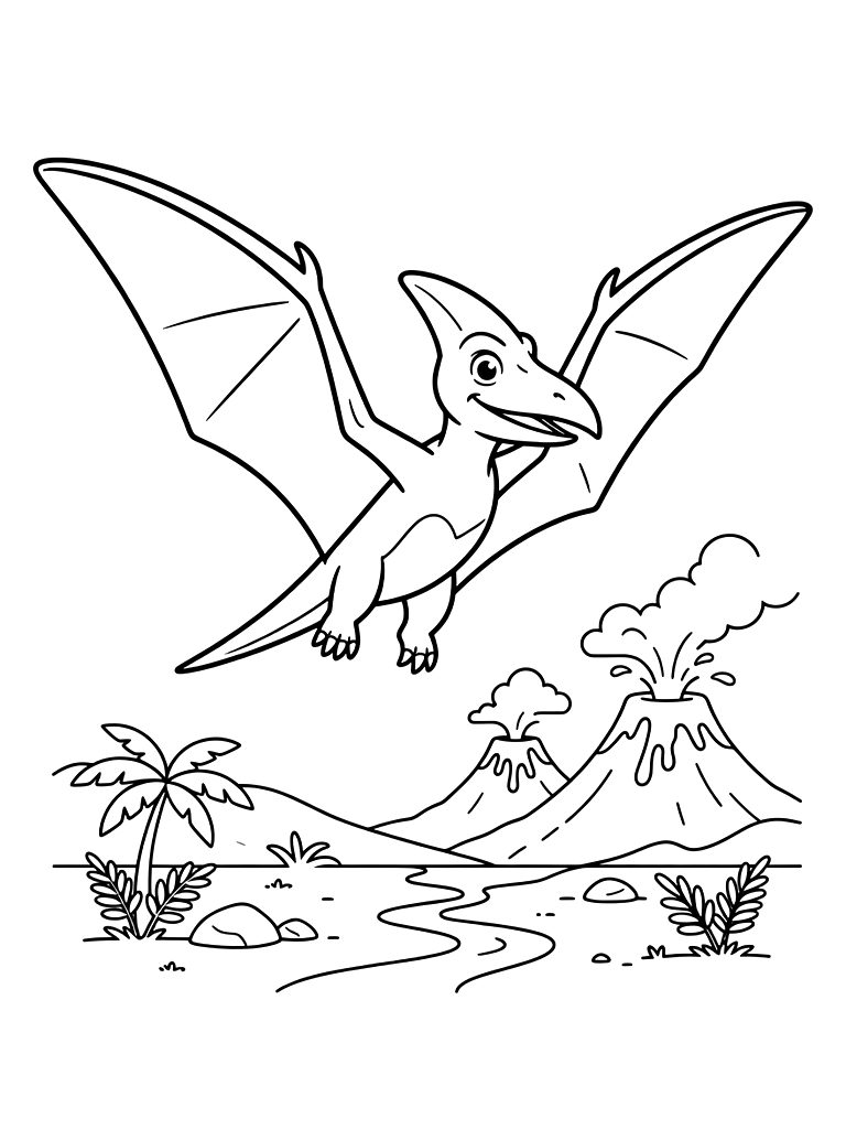 Pterodactyl Soaring Over A Prehistoric Landscape With Erupting Volcanoes In The Distance Coloring Page