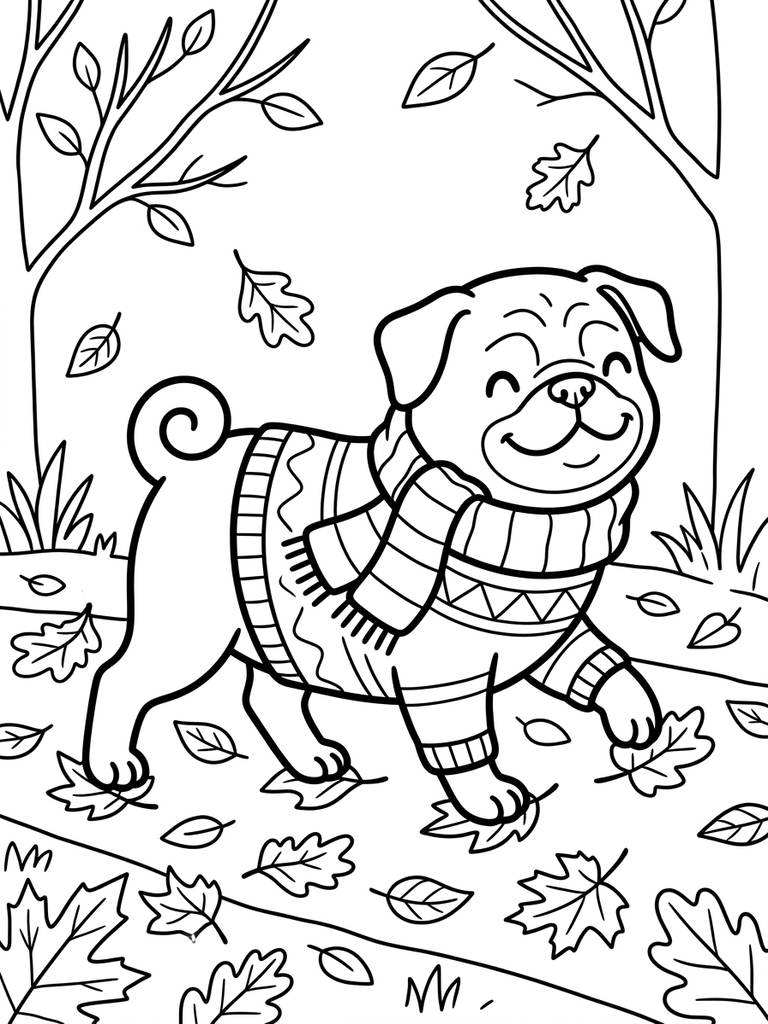 Pug Dressed In A Cozy Sweater And Scarf, Walking In Autumn Leaves Coloring Page