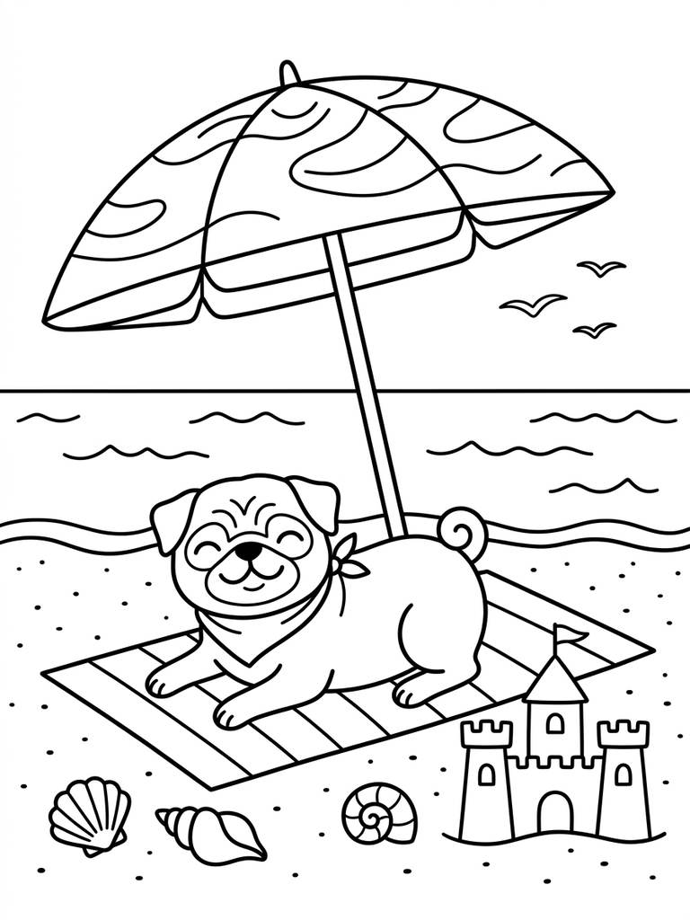 Pug Relaxing On A Beach Under Umbrella, With Sandcastle And Seashells Coloring Page