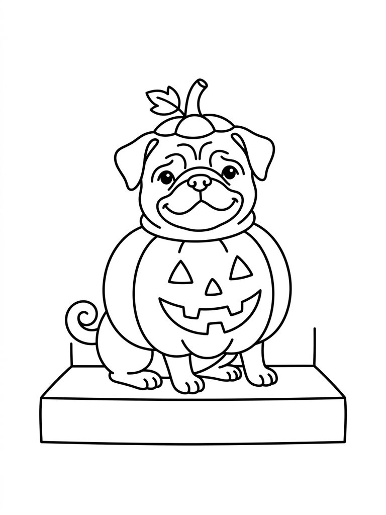 Pug Wearing A Halloween Pumpkin Costume, Sitting On A Doorstep Coloring Page