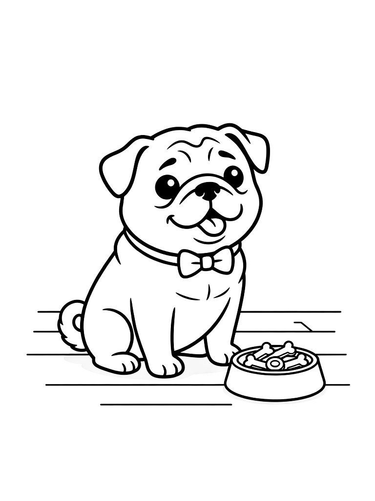 Pug Wearing A Small Red Bowtie And Sitting Next To A Bowl Of Dog Treats On A Wooden Floor Coloring Page