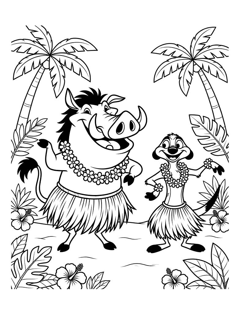Pumbaa And Timon Doing A Hula Dance With A Grass Skirt And A Flower Lei In The Jungle Coloring Page