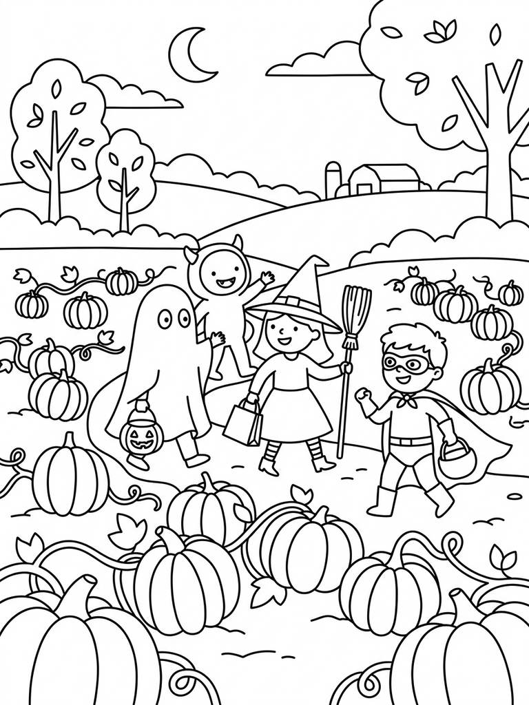 Pumpkin Patch With Children Trick-or-treating In Costumes Coloring Page