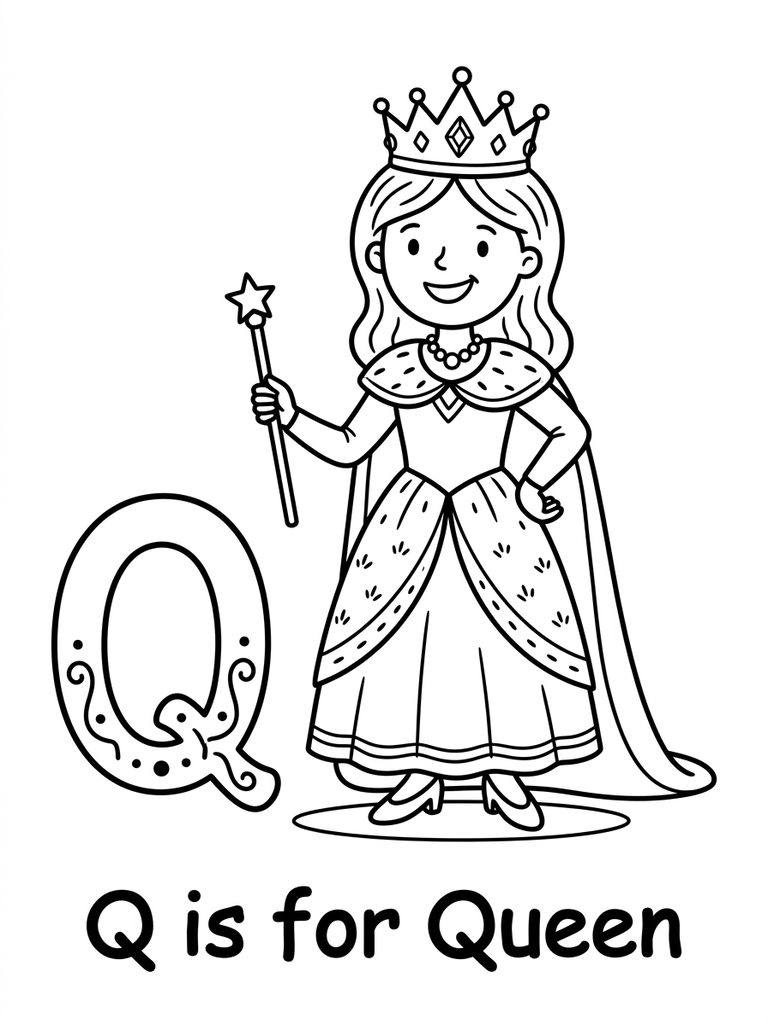 Q Is For Queen coloring page — free printable for kids and adults