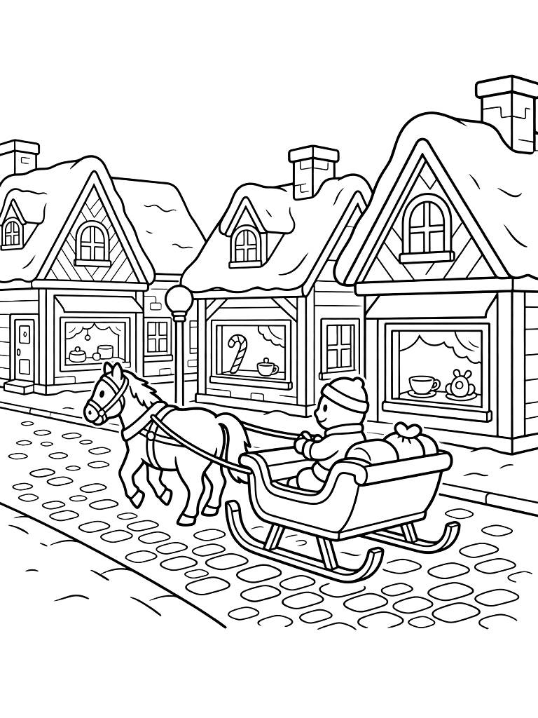 Quaint Village Street With Snow-covered Rooftops Coloring Page